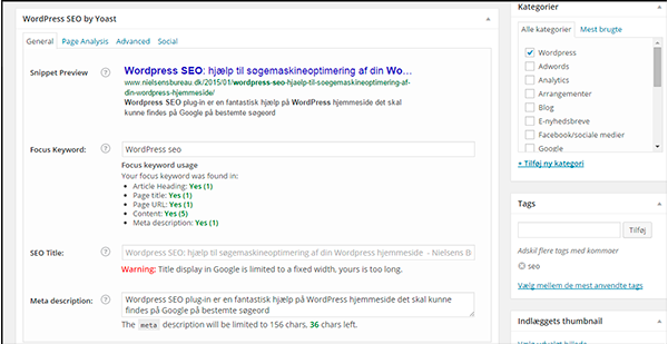 Wordpress SEO felterne der udfyldes for hvert blogindlæg