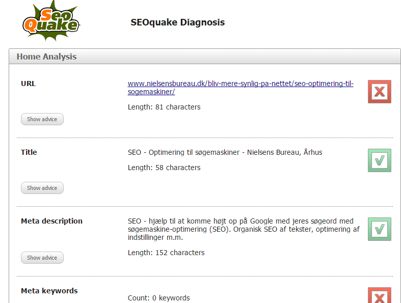 SEo hjælp fra SEoquake diagnose