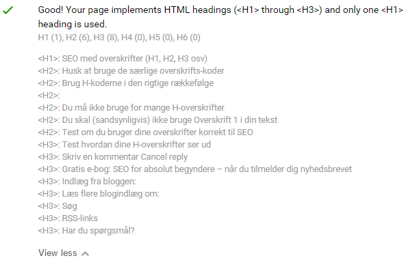 Se alle h-overskrifter med SEO quake