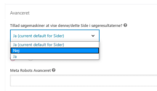Under fanebladet Avanceret i Yoast kan du lukke undersider af for Google, hvis de ikke skal med i søgeresultaterne