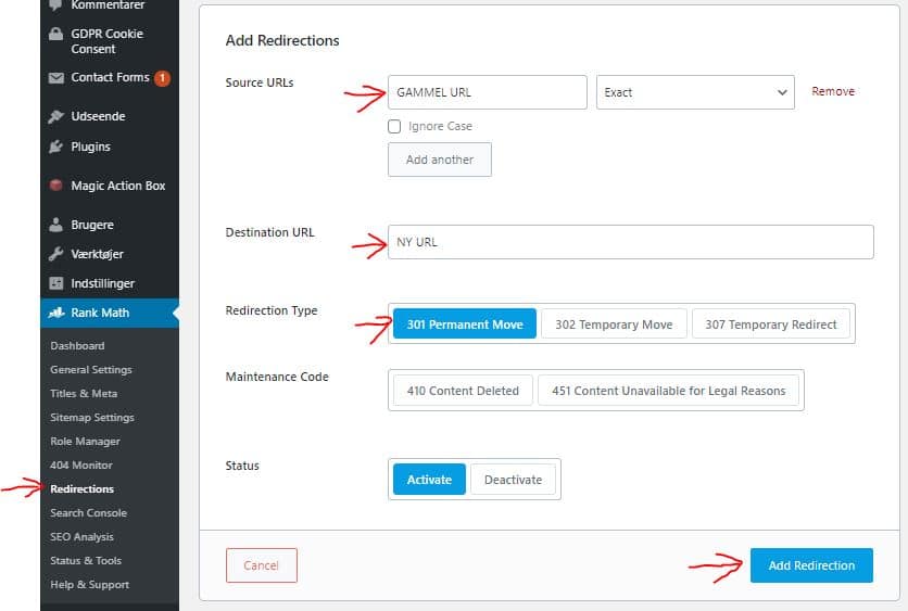 301-viderestilling af URLer er en indbygget funktion i RankMath-pluginnet til SEO