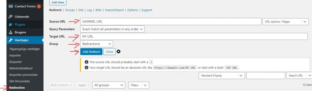 Viderestilling af URL i WordPress med Redirection plugin