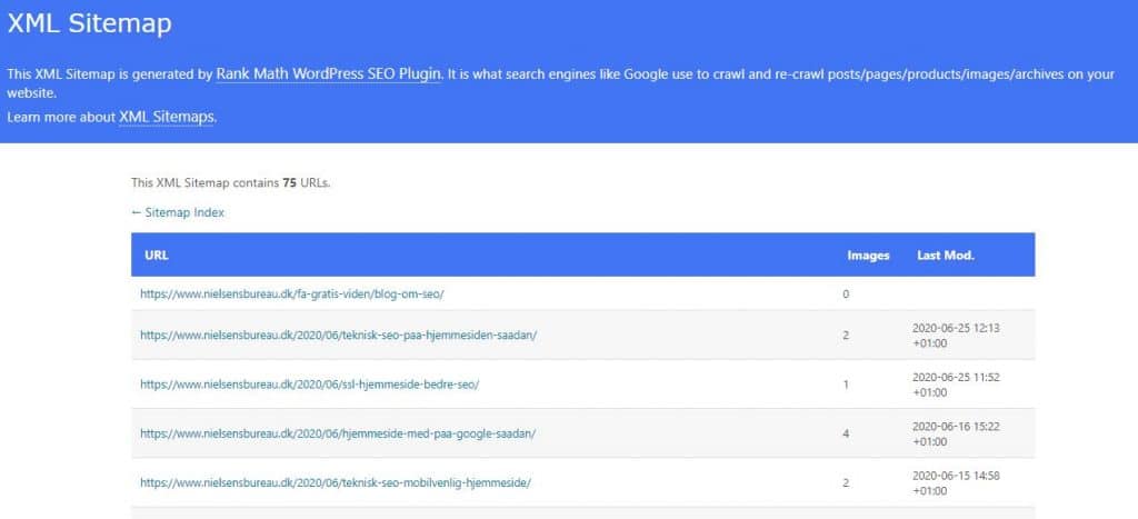 XML-sitemap over blogindlæg (blog posts) lavet via Rank Math