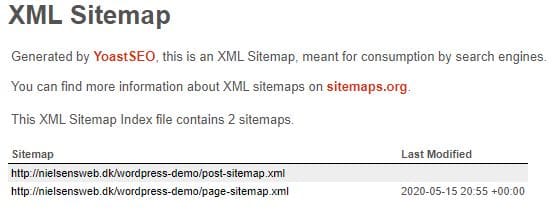 XML-sitemap index lavet via Yaost SEO-plugin