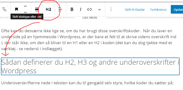 H2, H3 og andre overskriftskoder i Wordpress (Gutenberg)
